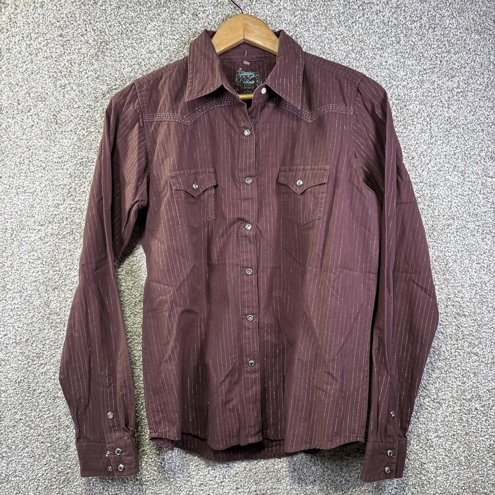 Twenty X Shirt Mens Medium‎ Brown Striped Long Sleeve Pearl Snap Western Casual